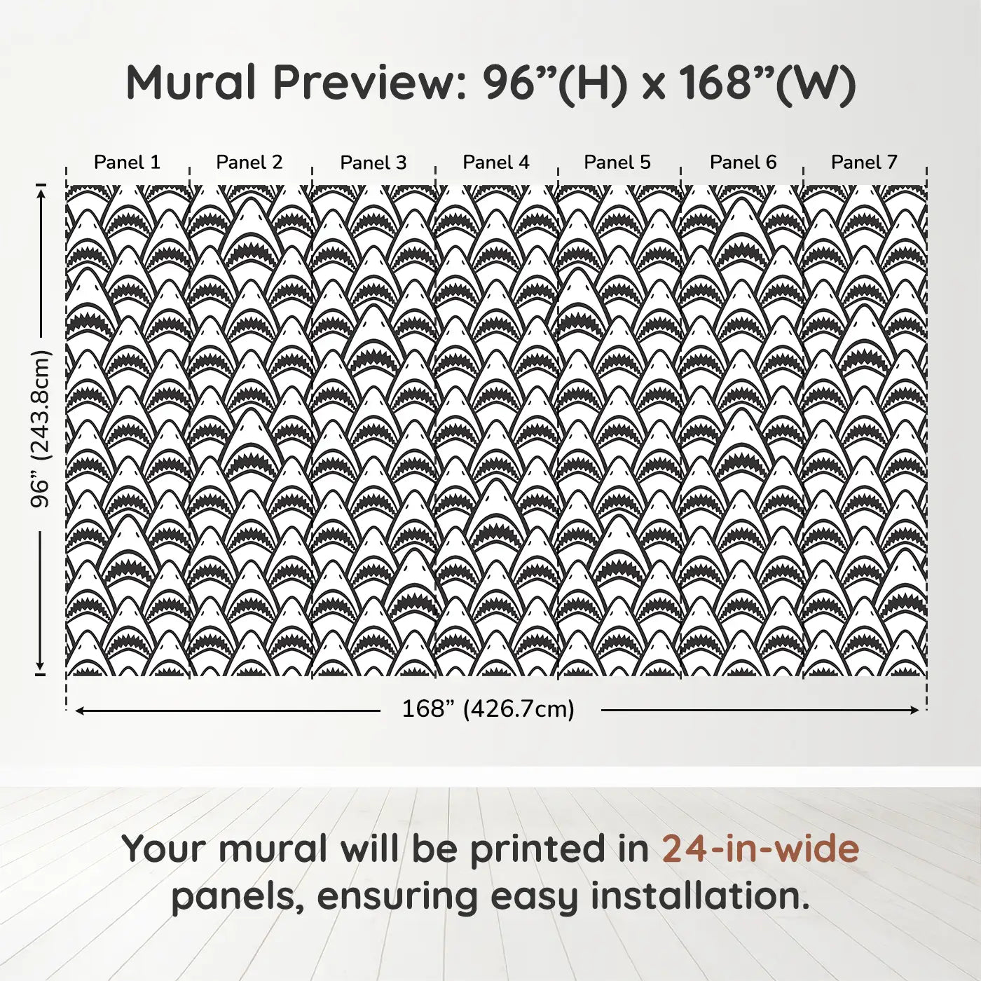 Whimsy Tots Fierce Shark Frenzy Wall Muraldimension view (96" H x 168" W). Printed in seven 24-inch-wide panels. Rows of toothy grins make waves in this playful ocean pattern.