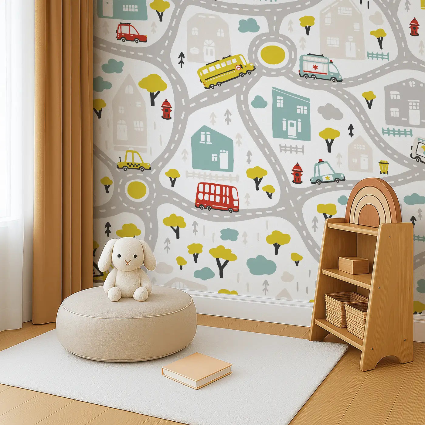Angled view of Whimsy Tots' Busy Town Wall Mural (M0411).Colorful roads and rescue vehicles make every day a new mission.