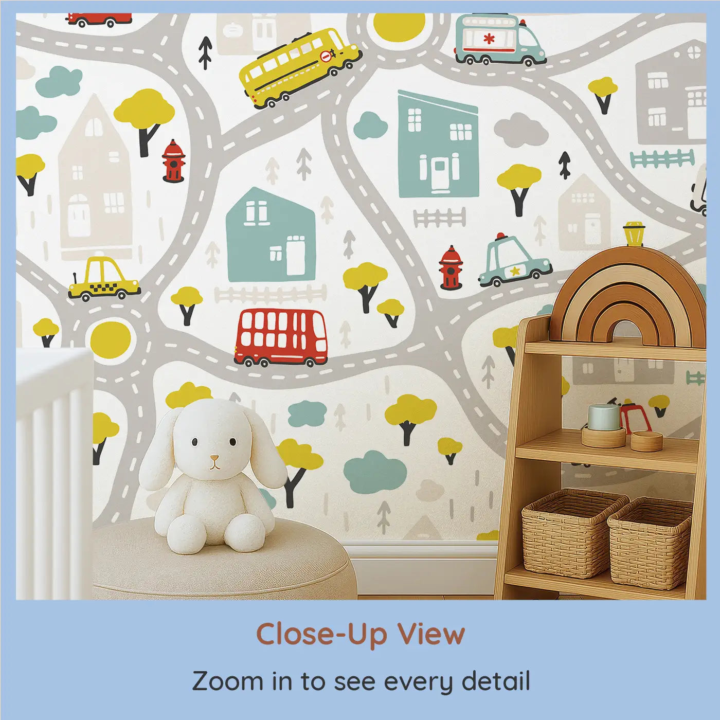 Close-up view of Whimsy Tots' Busy Town Wall Mural (M0411).Colorful roads and rescue vehicles make every day a new mission.