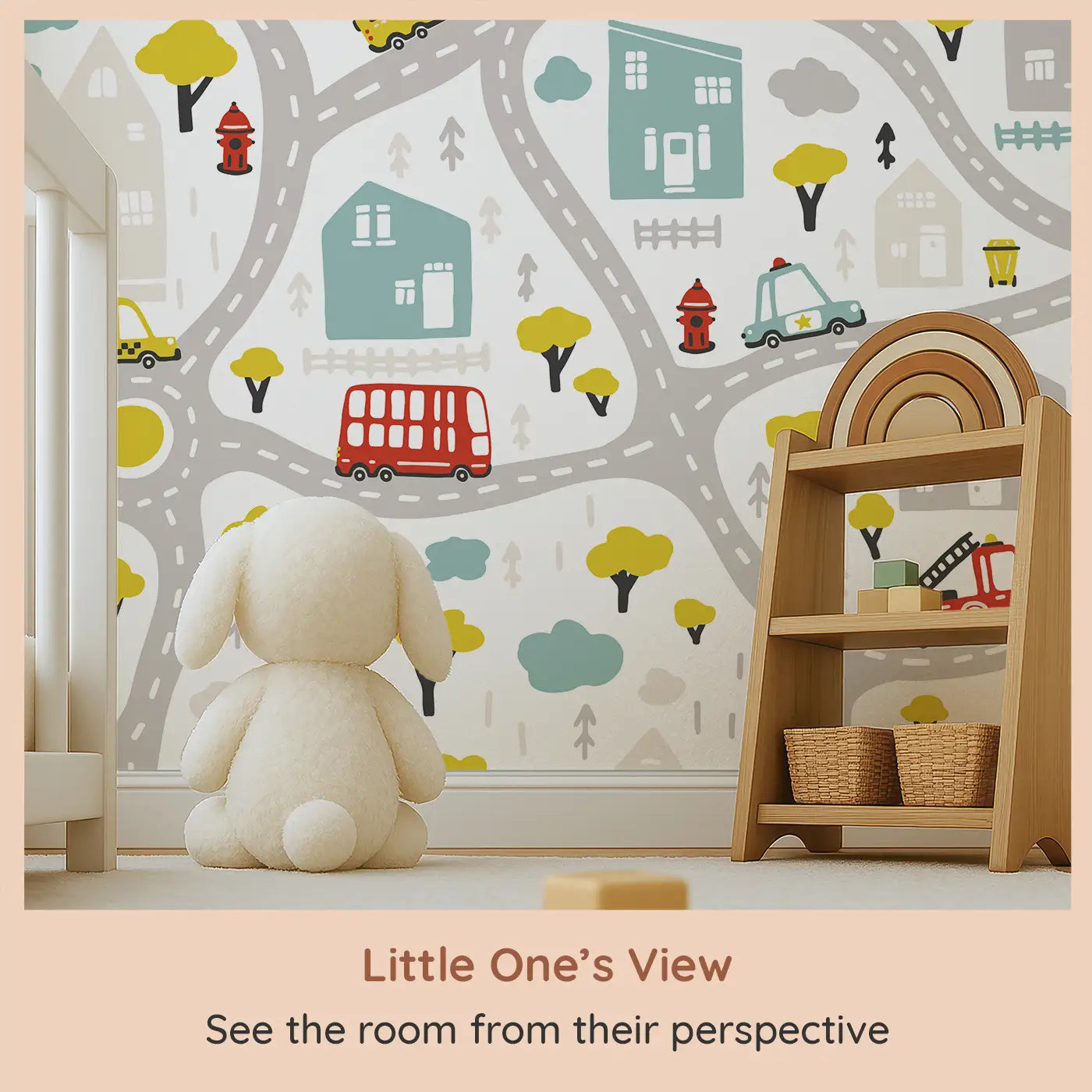 Whimsy Tots Busy Town Wall Mural (M0411) from your child's view.Colorful roads and rescue vehicles make every day a new mission.