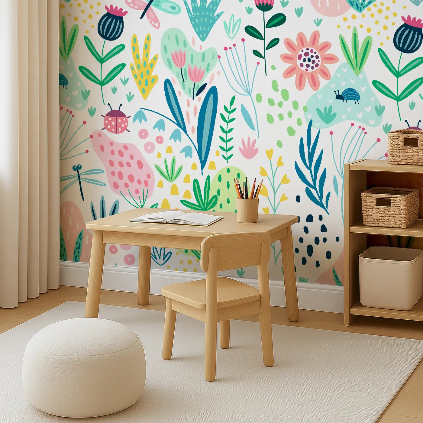 Angled view of Whimsy Tots' Whimsical Garden Wall Mural (M0412).Bright florals and fluttering bugs bring garden magic to their world.