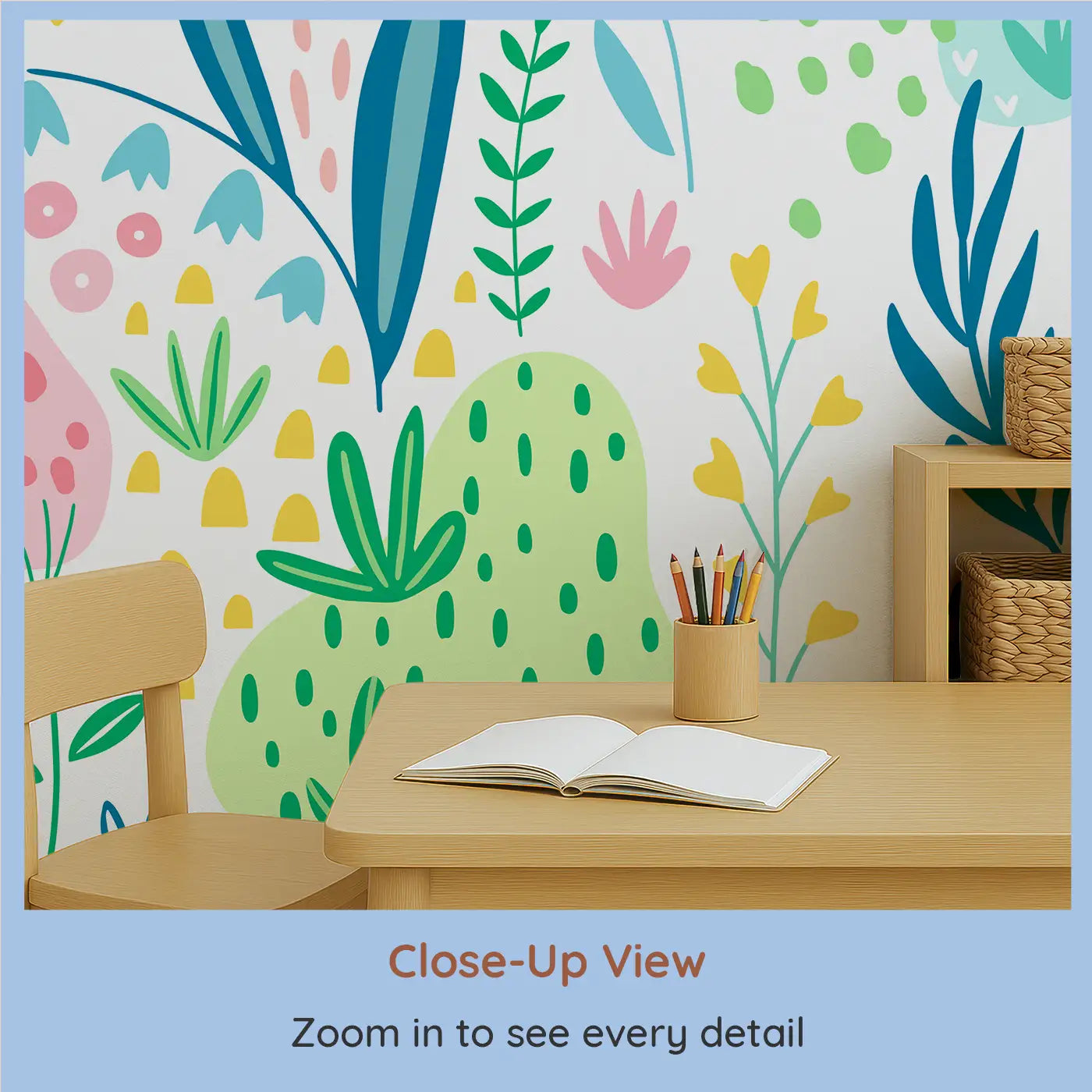 Close-up view of Whimsy Tots' Whimsical Garden Wall Mural (M0412).Bright florals and fluttering bugs bring garden magic to their world.