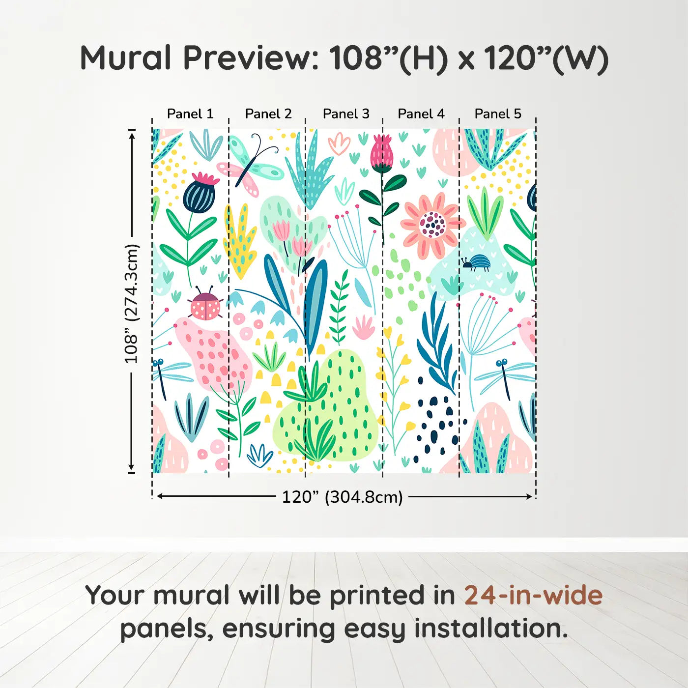 Whimsy Tots Whimsical Garden Wall Muraldimension view (108" H x 120" W). Printed in five 24-inch-wide panels. Bright florals and fluttering bugs bring garden magic to their world.