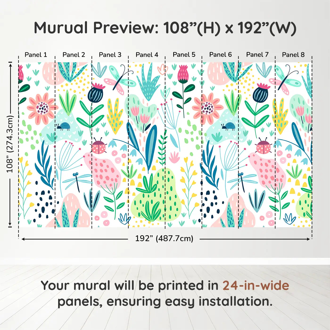 Whimsy Tots Whimsical Garden Wall Muraldimension view (108" H x 192" W). Printed in eight 24-inch-wide panels. Bright florals and fluttering bugs bring garden magic to their world.