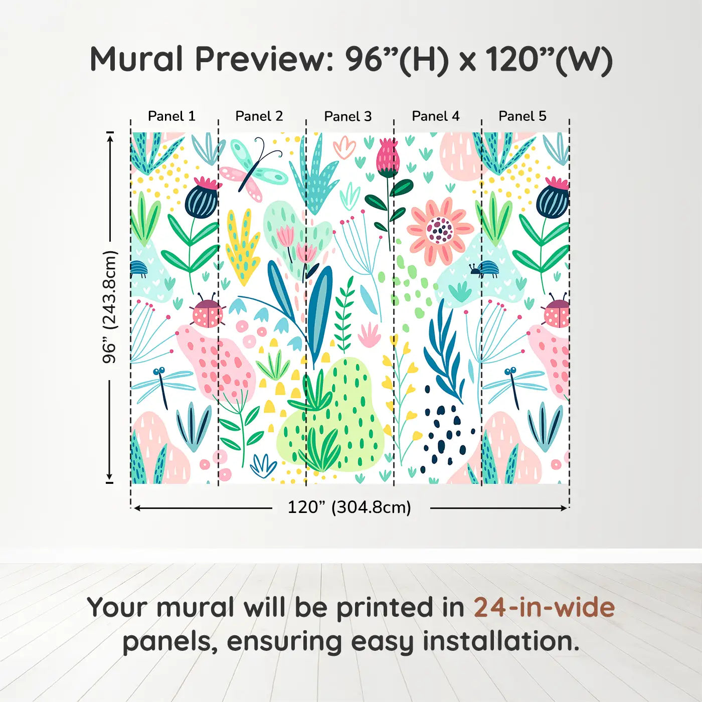 Whimsy Tots Whimsical Garden Wall Muraldimension view (96" H x 120" W). Printed in five 24-inch-wide panels. Bright florals and fluttering bugs bring garden magic to their world.