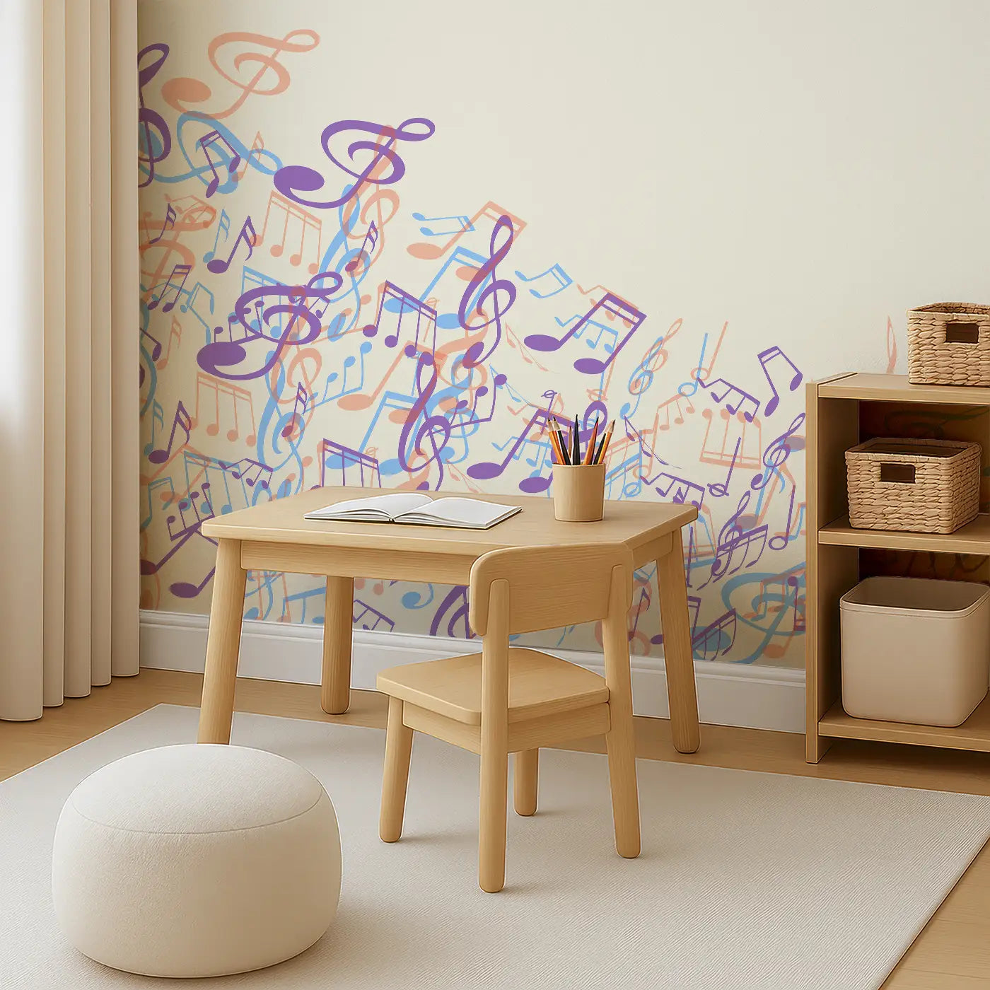 Angled view of Whimsy Tots' Melodic Waves Wall Mural (M0413).Soothing music notes swirl across the wall in dreamy pastel waves.