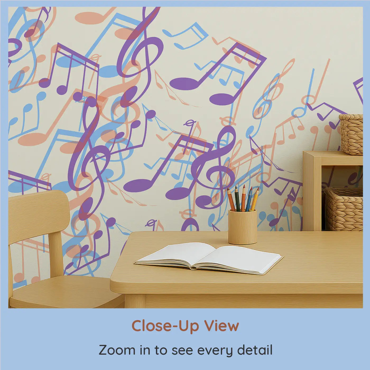 Close-up view of Whimsy Tots' Melodic Waves Wall Mural (M0413).Soothing music notes swirl across the wall in dreamy pastel waves.