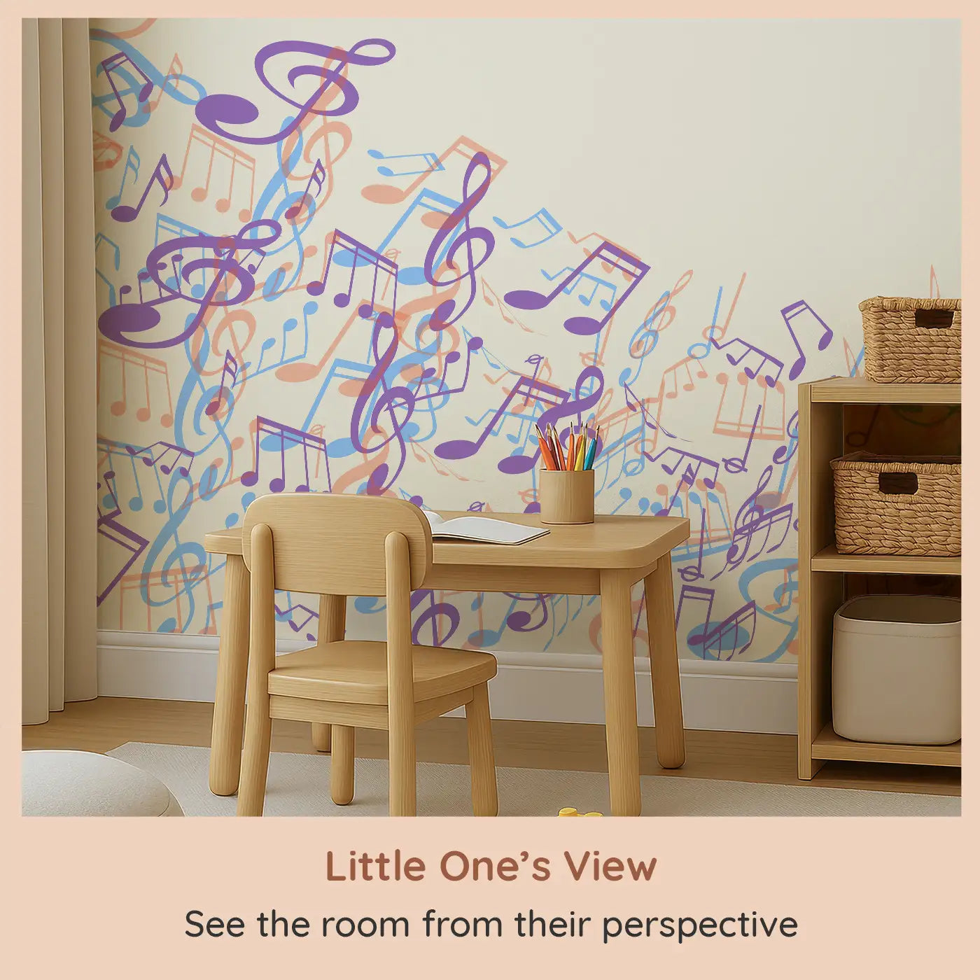 Whimsy Tots Melodic Waves Wall Mural (M0413) from your child's view.Soothing music notes swirl across the wall in dreamy pastel waves.