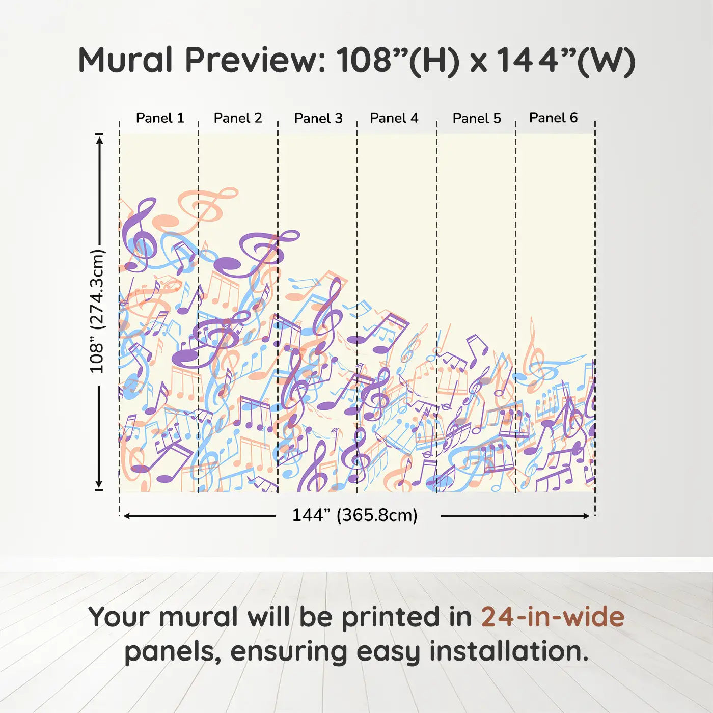 Whimsy Tots Melodic Waves Wall Muraldimension view (108" H x 144" W). Printed in six 24-inch-wide panels. Soothing music notes swirl across the wall in dreamy pastel waves.