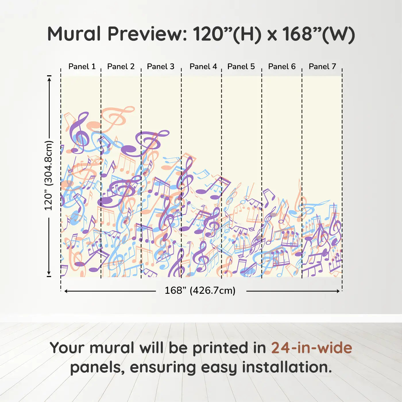Whimsy Tots Melodic Waves Wall Muraldimension view (120" H x 168" W). Printed in seven 24-inch-wide panels. Soothing music notes swirl across the wall in dreamy pastel waves.