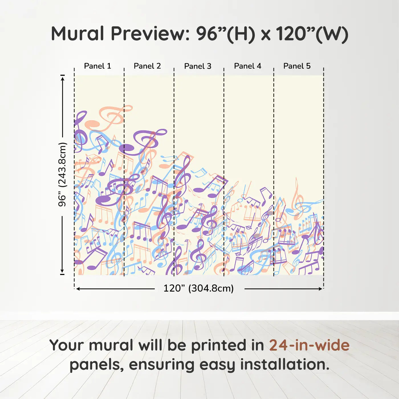 Whimsy Tots Melodic Waves Wall Muraldimension view (96" H x 120" W). Printed in five 24-inch-wide panels. Soothing music notes swirl across the wall in dreamy pastel waves.