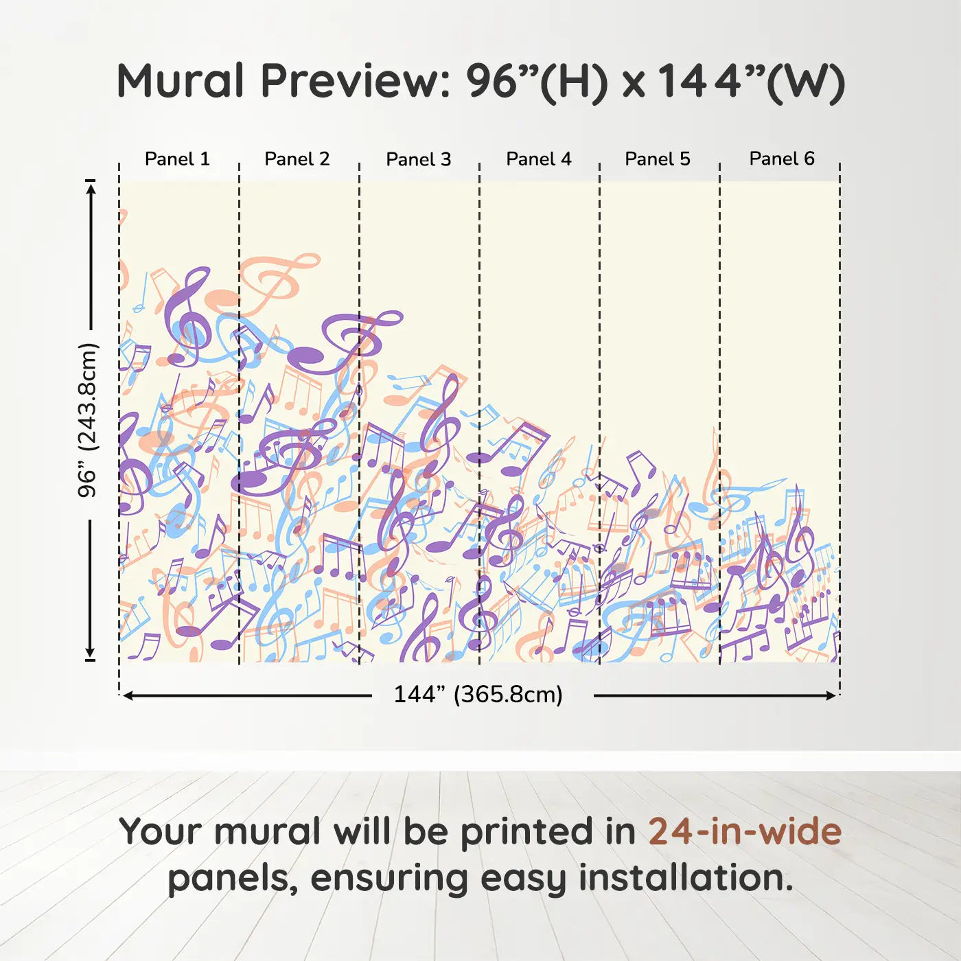 Whimsy Tots Melodic Waves Wall Muraldimension view (96" H x 144" W). Printed in six 24-inch-wide panels. Soothing music notes swirl across the wall in dreamy pastel waves.