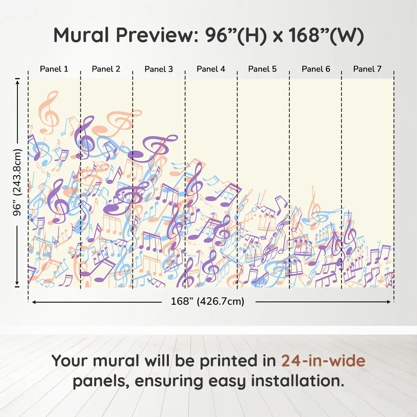 Whimsy Tots Melodic Waves Wall Muraldimension view (96" H x 168" W). Printed in seven 24-inch-wide panels. Soothing music notes swirl across the wall in dreamy pastel waves.