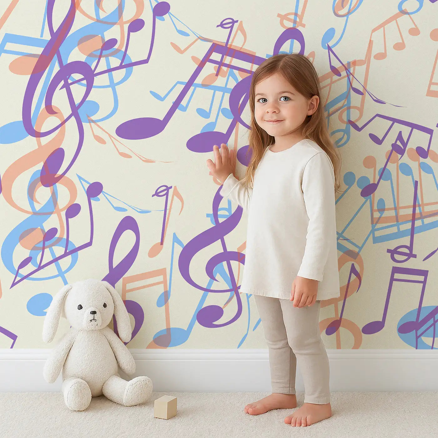 Child in front of Whimsy Tots Melodic Waves Wall Mural with music, note, clef, wave in design.