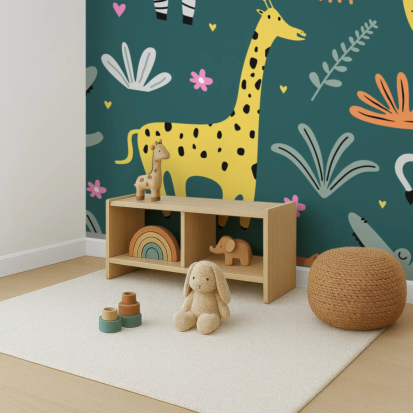 Angled view of Whimsy Tots' Safari Pals Playtime Wall Mural (M0415).Friendly safari animals frolic on a bold teal backdrop full of fun.