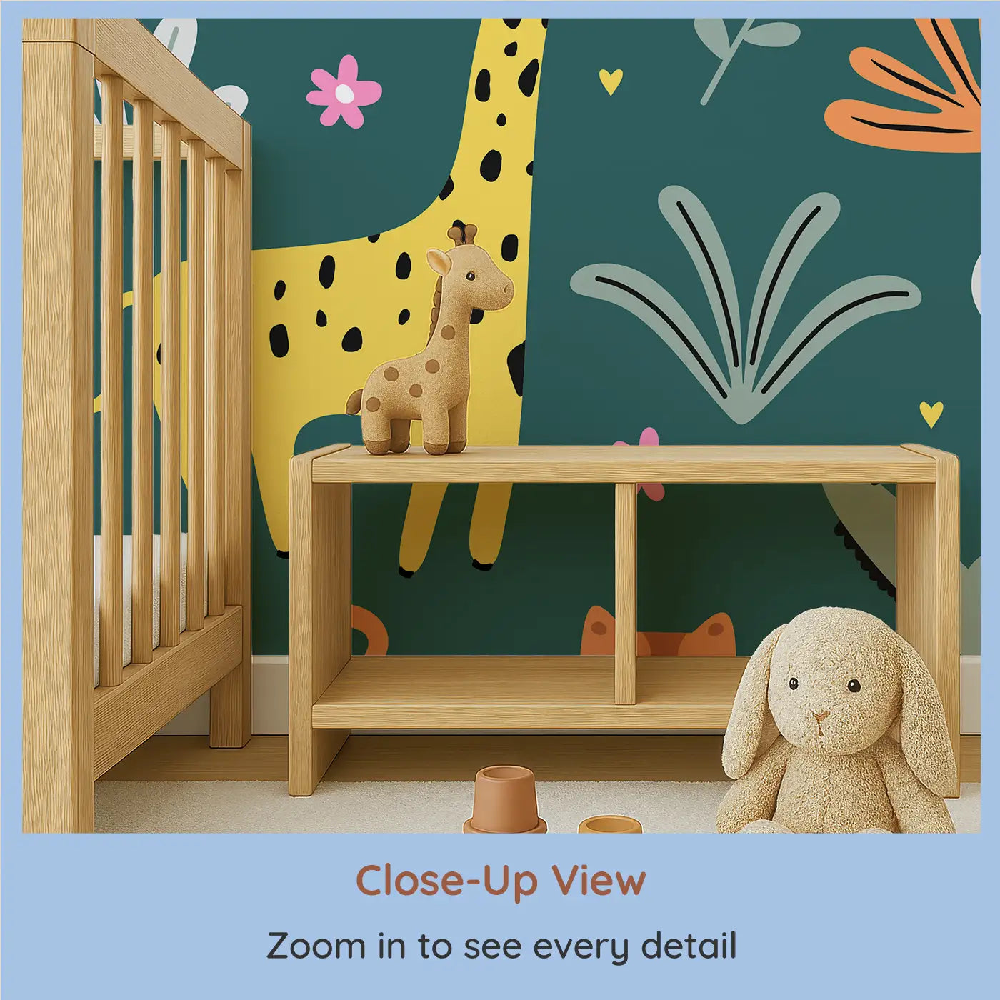Close-up view of Whimsy Tots' Safari Pals Playtime Wall Mural (M0415).Friendly safari animals frolic on a bold teal backdrop full of fun.