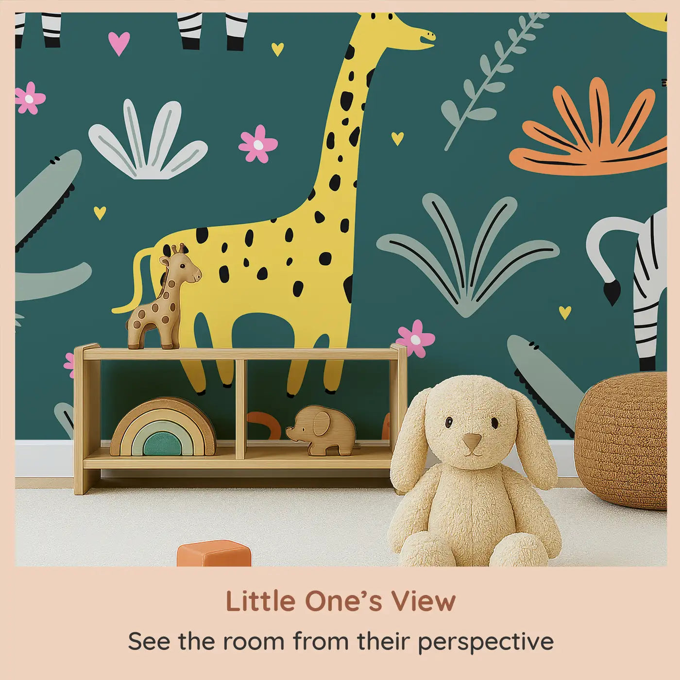 Whimsy Tots Safari Pals Playtime Wall Mural (M0415) from your child's view.Friendly safari animals frolic on a bold teal backdrop full of fun.