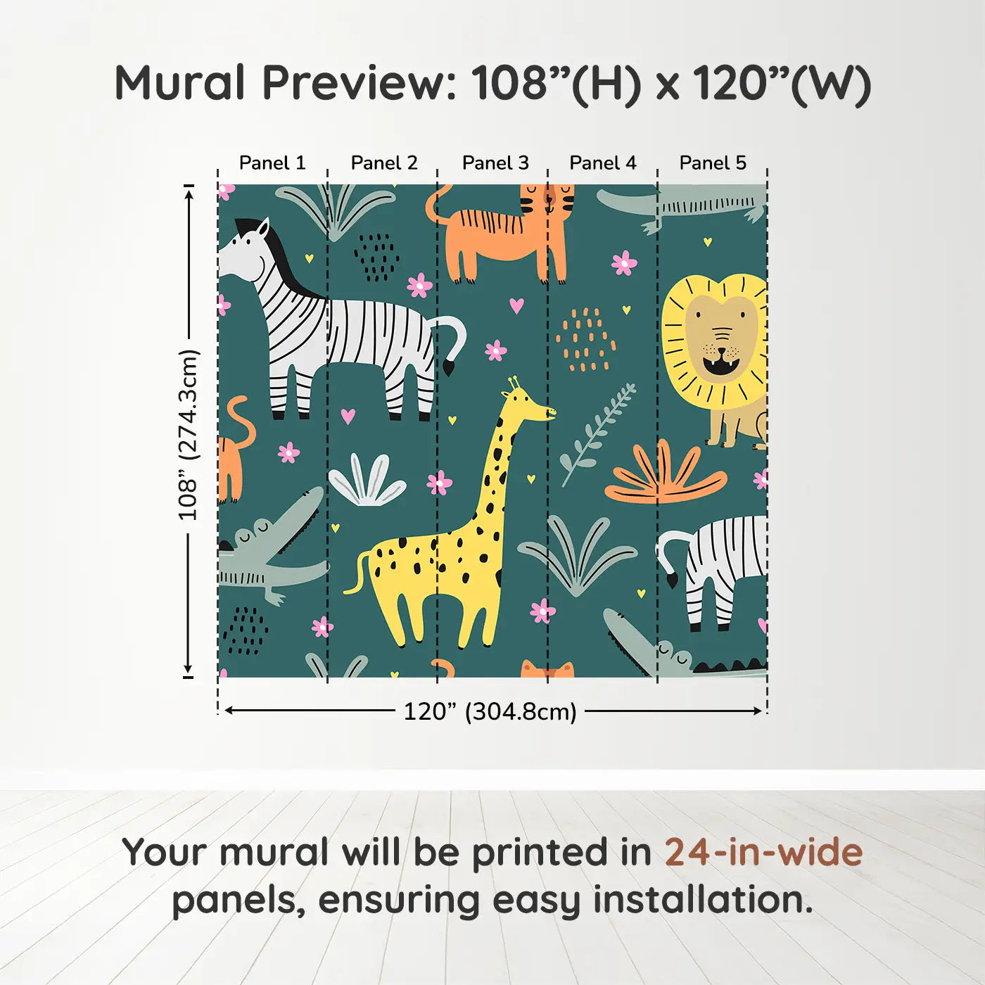 Whimsy Tots Safari Pals Playtime Wall Muraldimension view (108" H x 120" W). Printed in five 24-inch-wide panels. Friendly safari animals frolic on a bold teal backdrop full of fun.