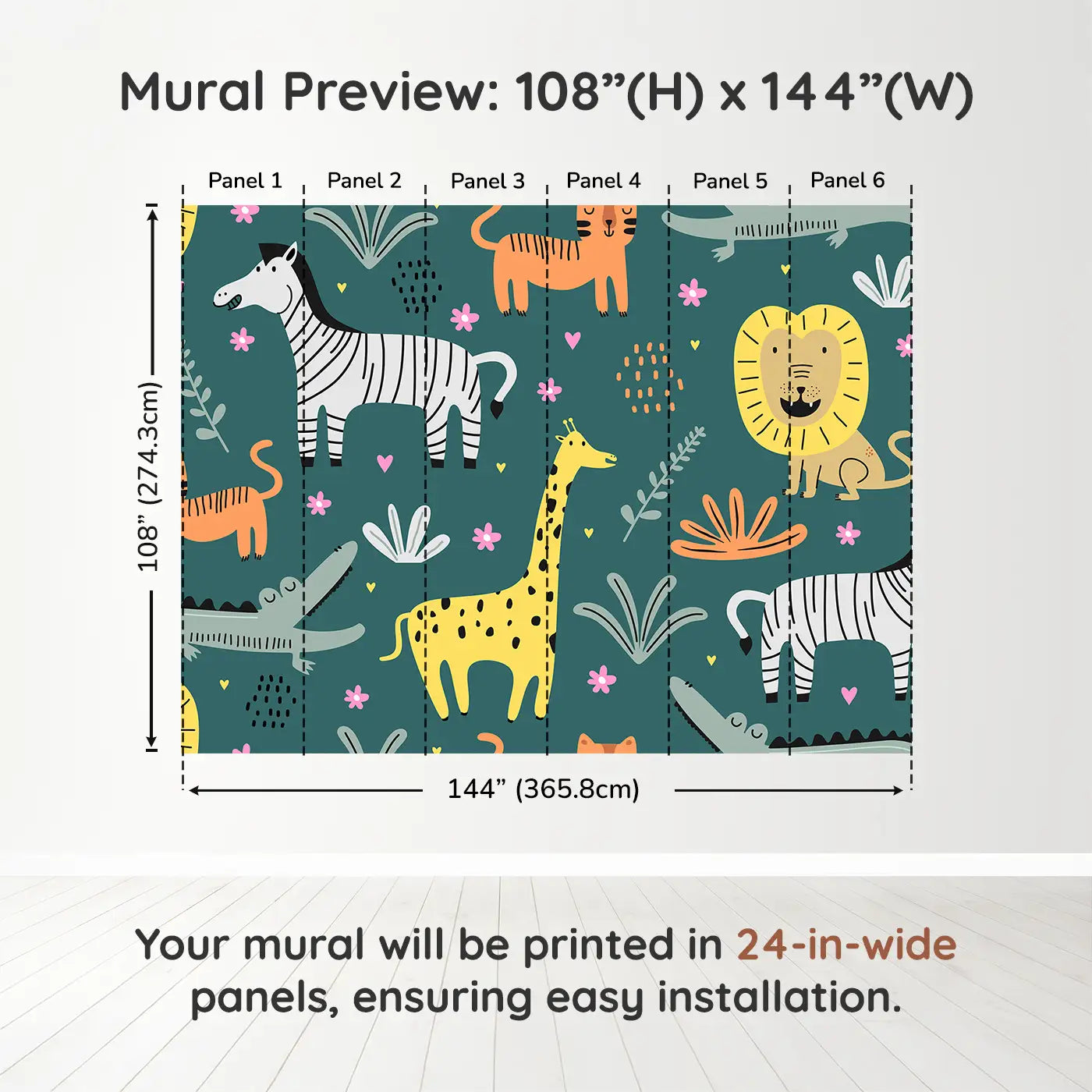 Whimsy Tots Safari Pals Playtime Wall Muraldimension view (108" H x 144" W). Printed in six 24-inch-wide panels. Friendly safari animals frolic on a bold teal backdrop full of fun.