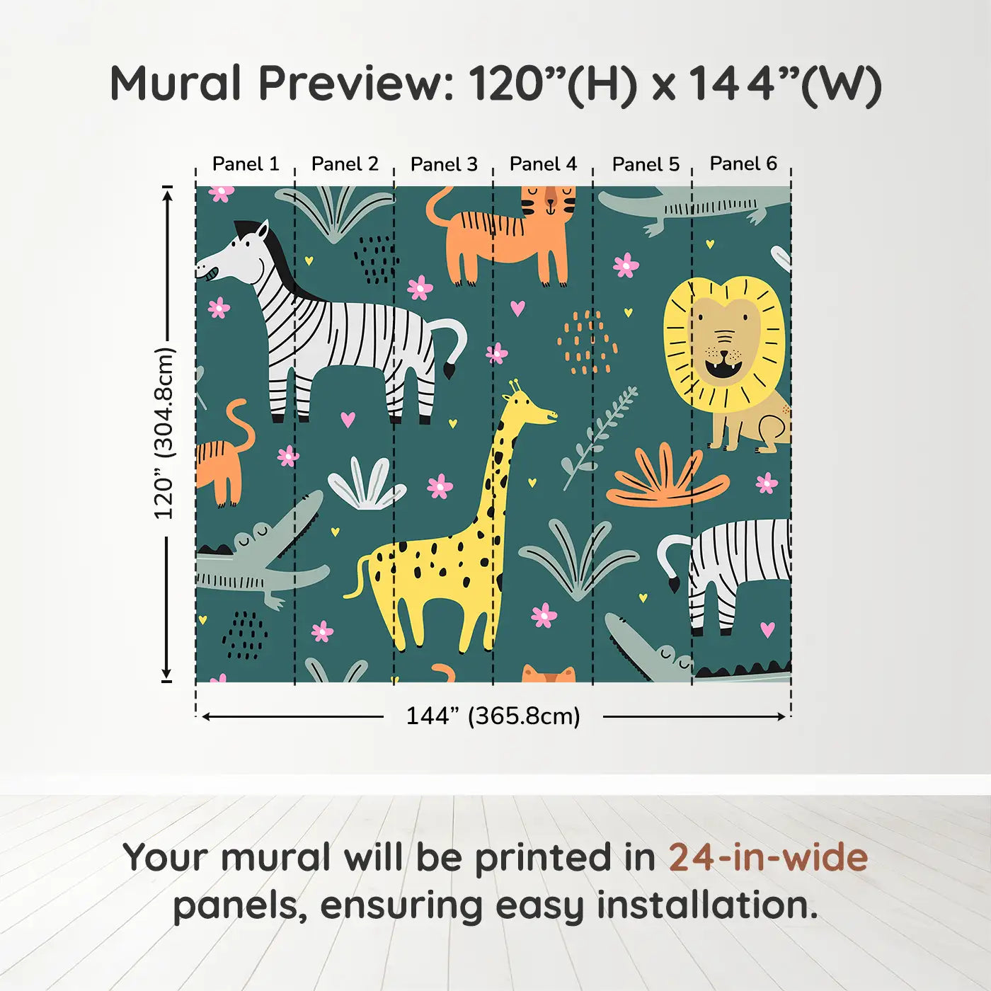 Whimsy Tots Safari Pals Playtime Wall Muraldimension view (120" H x 144" W). Printed in six 24-inch-wide panels. Friendly safari animals frolic on a bold teal backdrop full of fun.