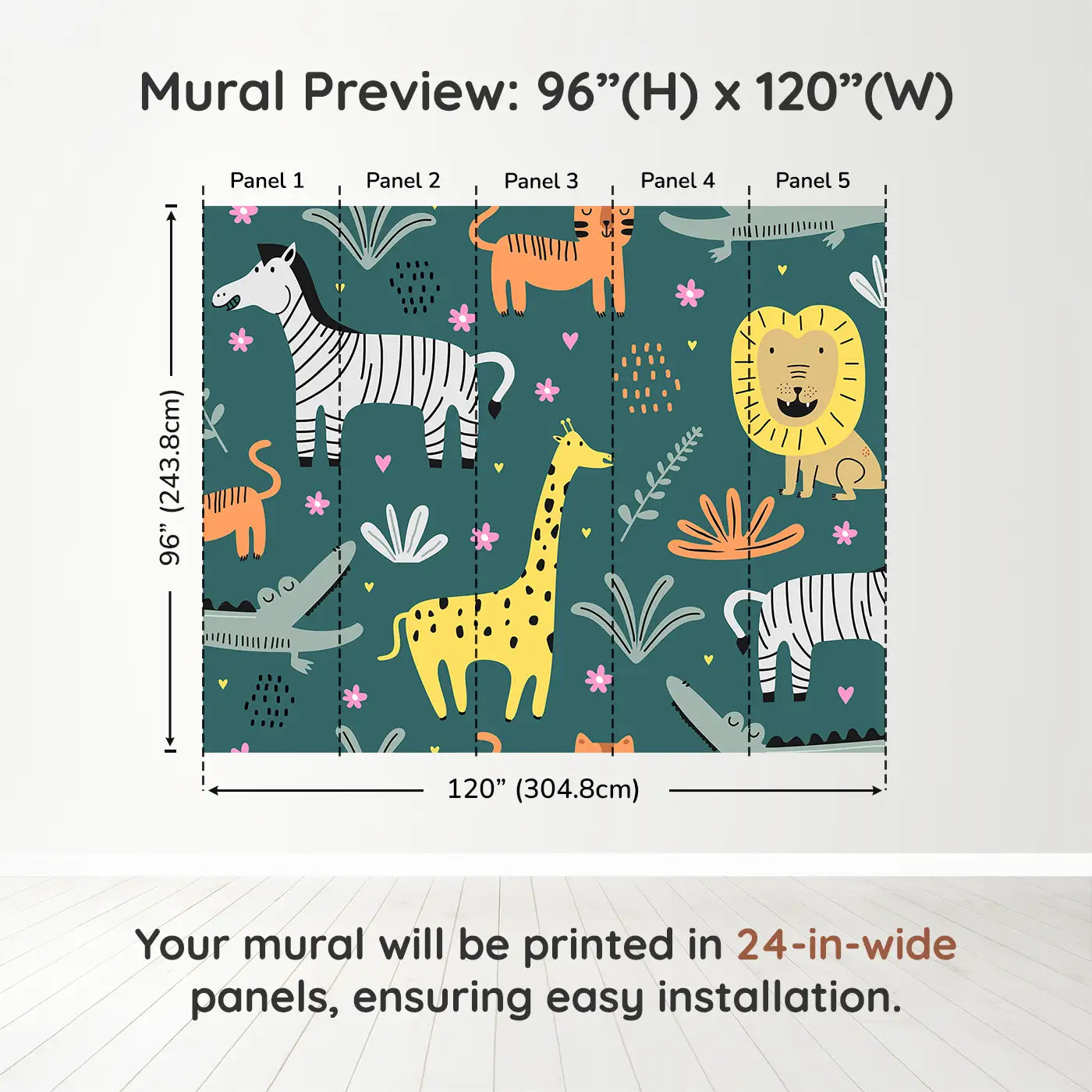 Whimsy Tots Safari Pals Playtime Wall Muraldimension view (96" H x 120" W). Printed in five 24-inch-wide panels. Friendly safari animals frolic on a bold teal backdrop full of fun.
