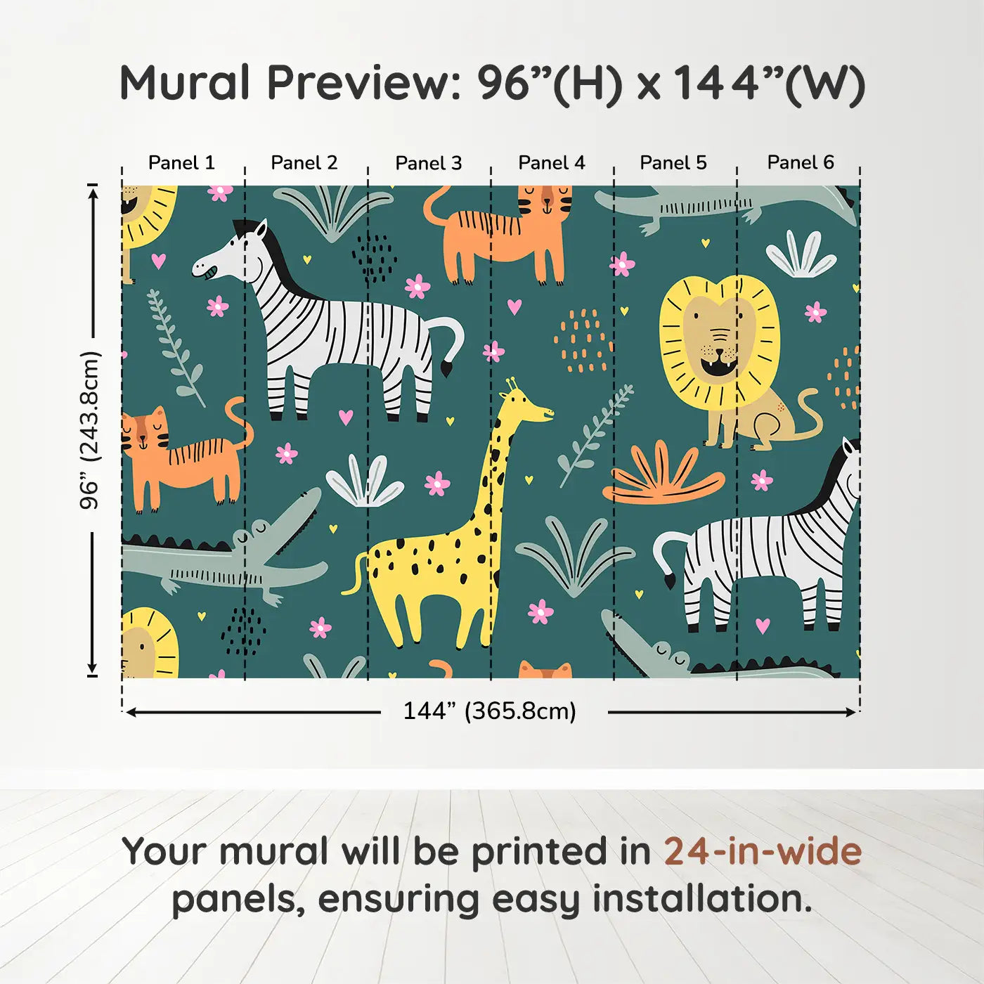 Whimsy Tots Safari Pals Playtime Wall Muraldimension view (96" H x 144" W). Printed in six 24-inch-wide panels. Friendly safari animals frolic on a bold teal backdrop full of fun.