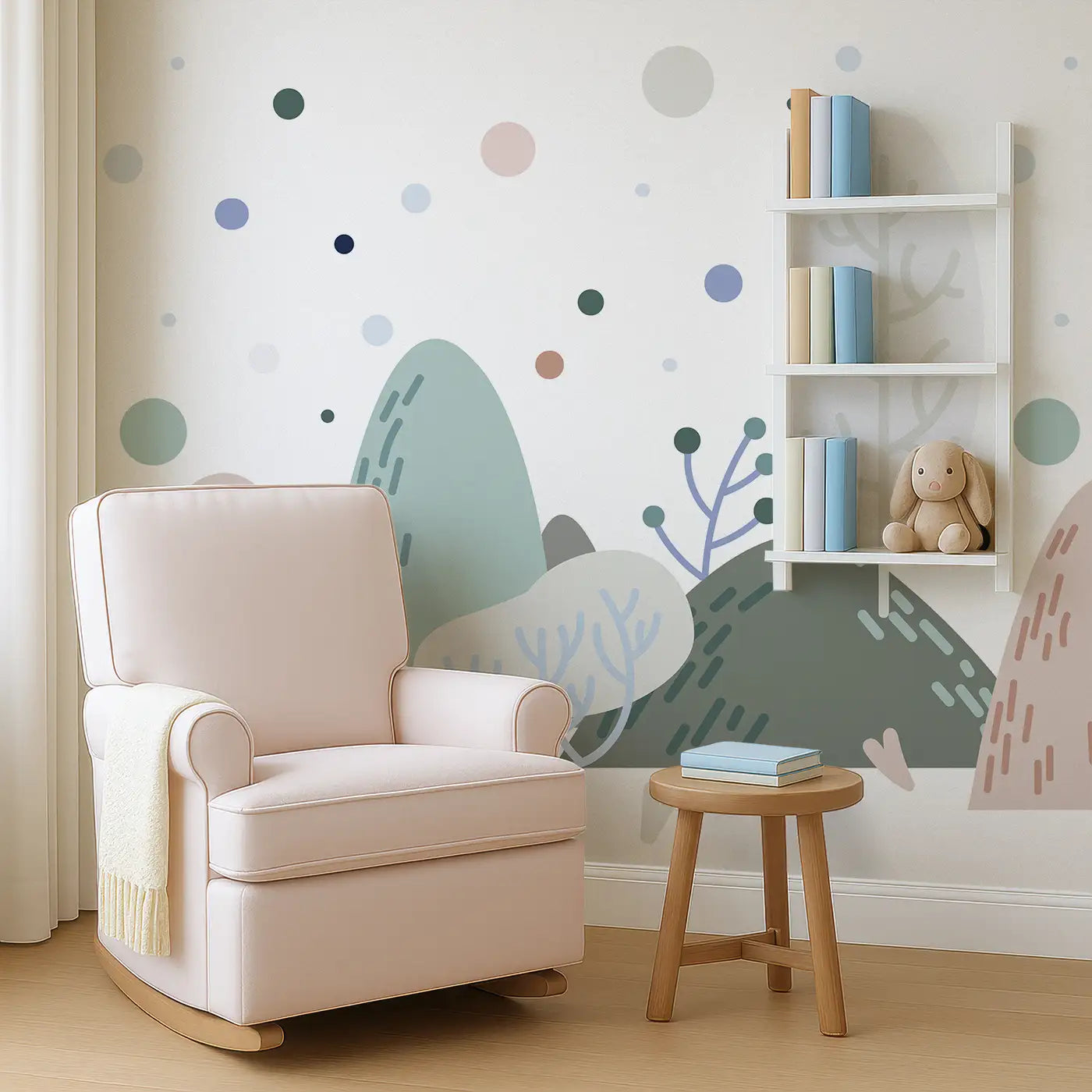 Angled view of Whimsy Tots' Whimsical Peaks Wall Mural (M0419).Gentle hills and abstract trees create a peaceful dreamland.