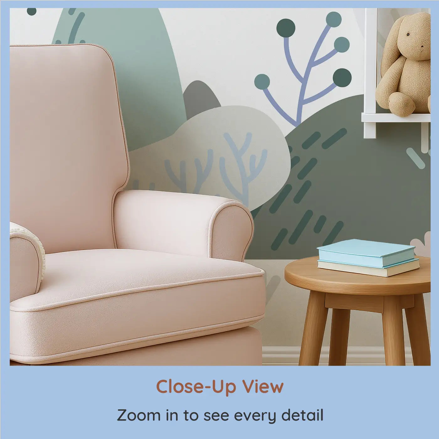 Close-up view of Whimsy Tots' Whimsical Peaks Wall Mural (M0419).Gentle hills and abstract trees create a peaceful dreamland.