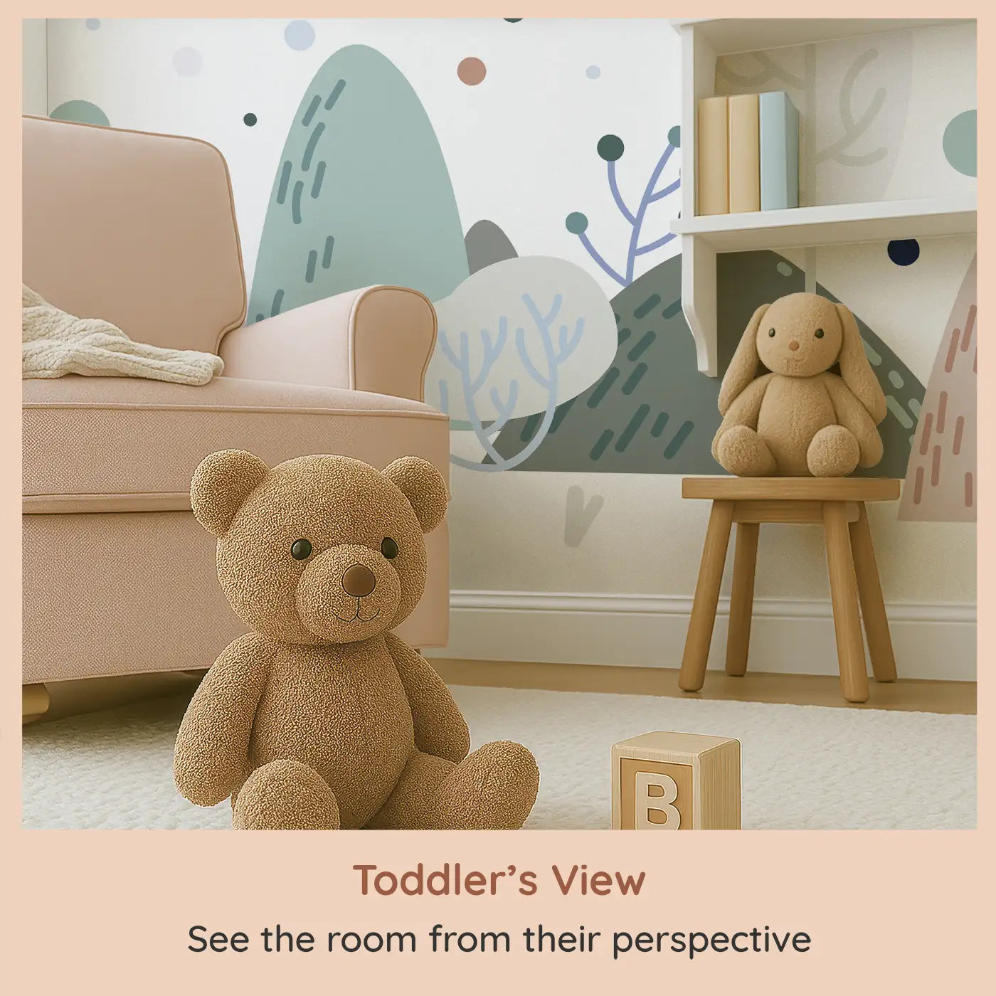 Whimsy Tots Whimsical Peaks Wall Mural (M0419) from your child's view.Gentle hills and abstract trees create a peaceful dreamland.