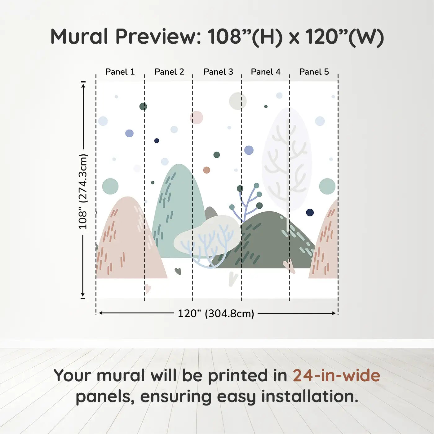 Whimsy Tots Whimsical Peaks Wall Muraldimension view (108" H x 120" W). Printed in five 24-inch-wide panels. Gentle hills and abstract trees create a peaceful dreamland.