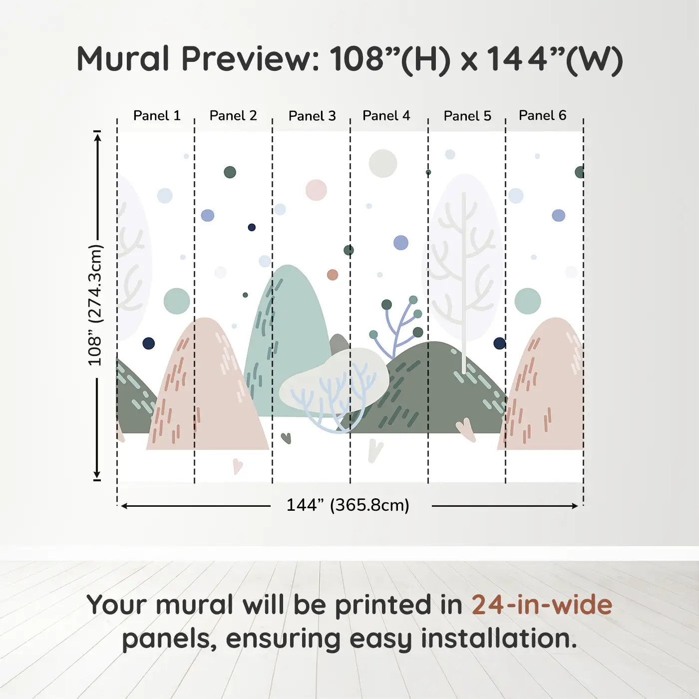 Whimsy Tots Whimsical Peaks Wall Muraldimension view (108" H x 144" W). Printed in six 24-inch-wide panels. Gentle hills and abstract trees create a peaceful dreamland.