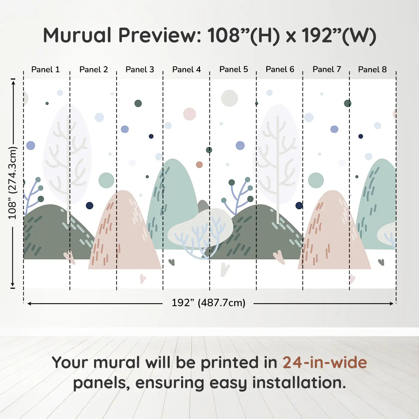 Whimsy Tots Whimsical Peaks Wall Muraldimension view (108" H x 192" W). Printed in eight 24-inch-wide panels. Gentle hills and abstract trees create a peaceful dreamland.