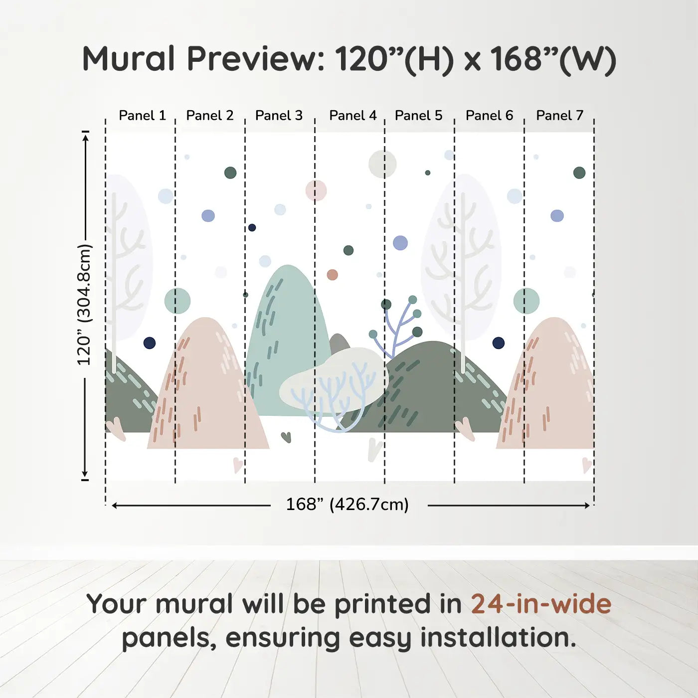 Whimsy Tots Whimsical Peaks Wall Muraldimension view (120" H x 168" W). Printed in seven 24-inch-wide panels. Gentle hills and abstract trees create a peaceful dreamland.