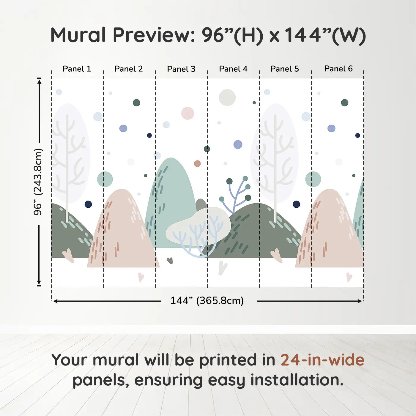 Whimsy Tots Whimsical Peaks Wall Muraldimension view (96" H x 144" W). Printed in six 24-inch-wide panels. Gentle hills and abstract trees create a peaceful dreamland.