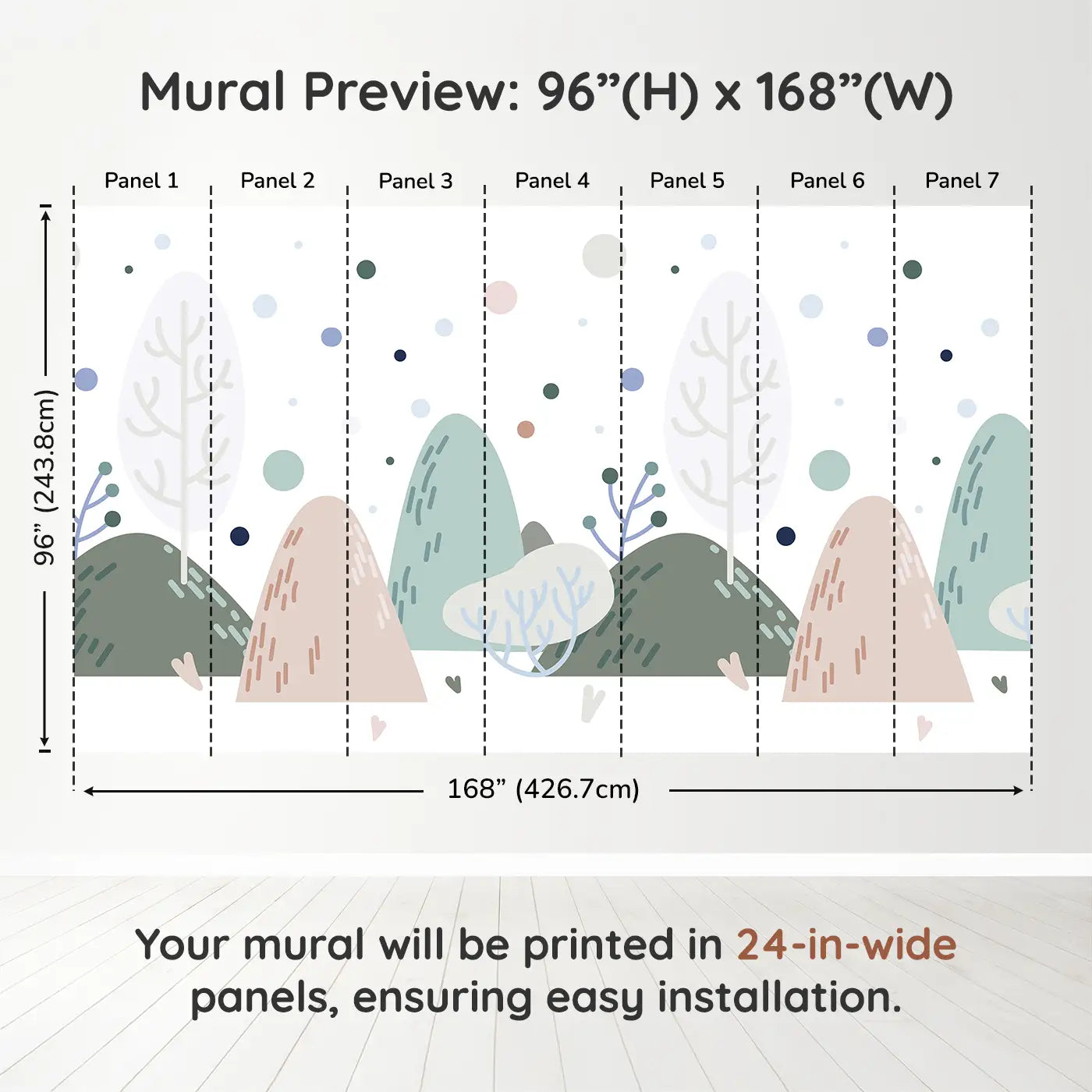 Whimsy Tots Whimsical Peaks Wall Muraldimension view (96" H x 168" W). Printed in seven 24-inch-wide panels. Gentle hills and abstract trees create a peaceful dreamland.