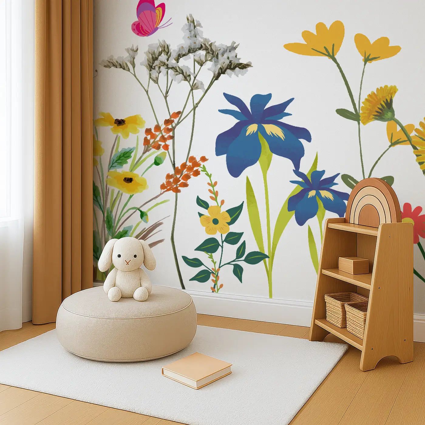 Angled view of Whimsy Tots' Whimsical Butterfly Garden Wall Mural (M0453).Bright butterflies and playful flowers make joy take flight.