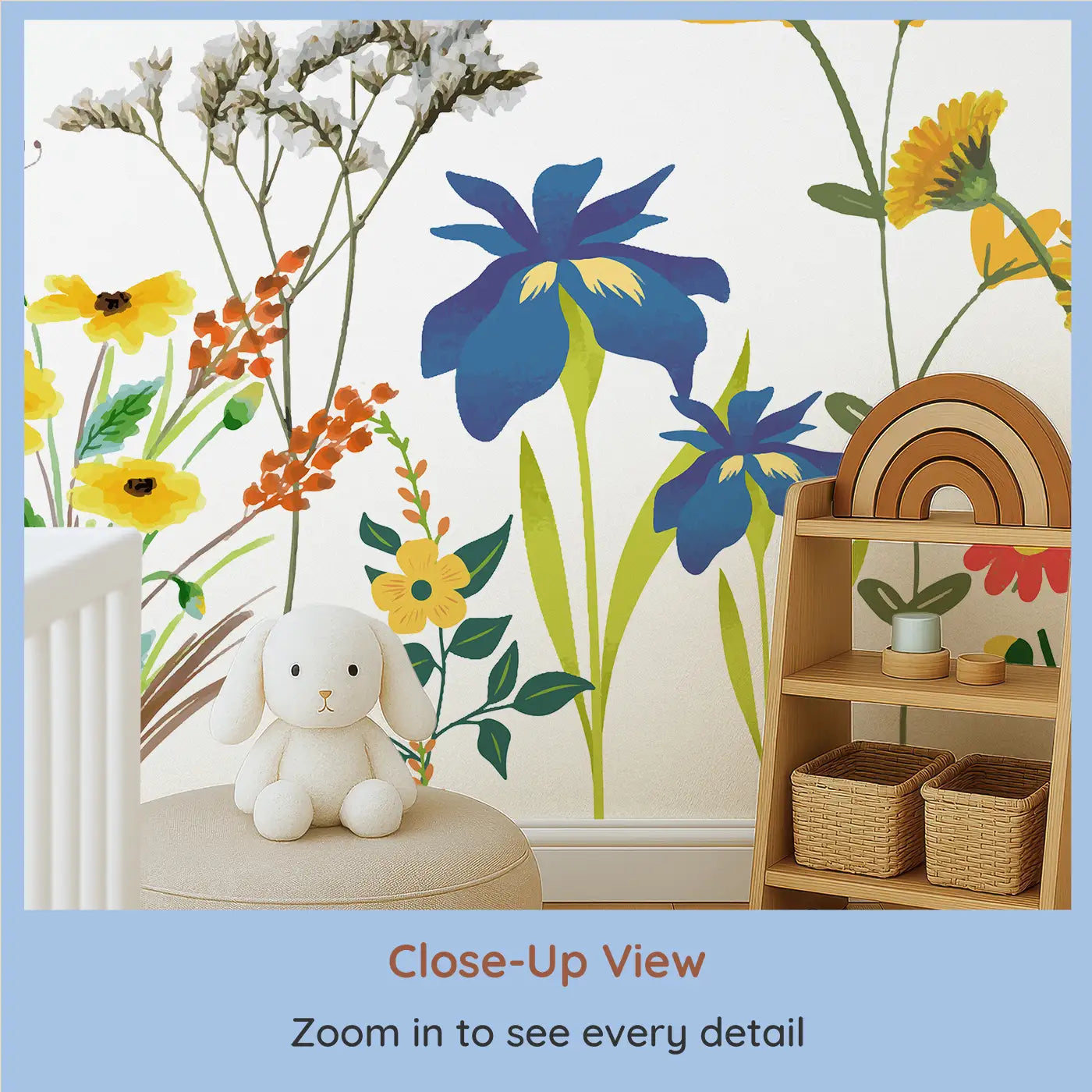 Close-up view of Whimsy Tots' Whimsical Butterfly Garden Wall Mural (M0453).Bright butterflies and playful flowers make joy take flight.