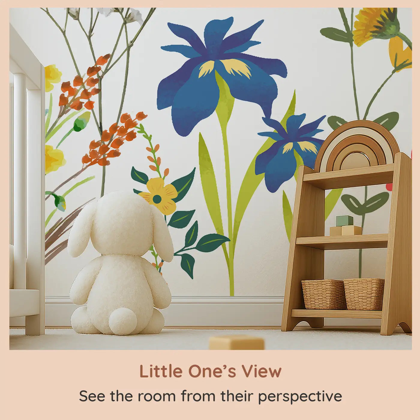 Whimsy Tots Whimsical Butterfly Garden Wall Mural (M0453) from your child's view.Bright butterflies and playful flowers make joy take flight.