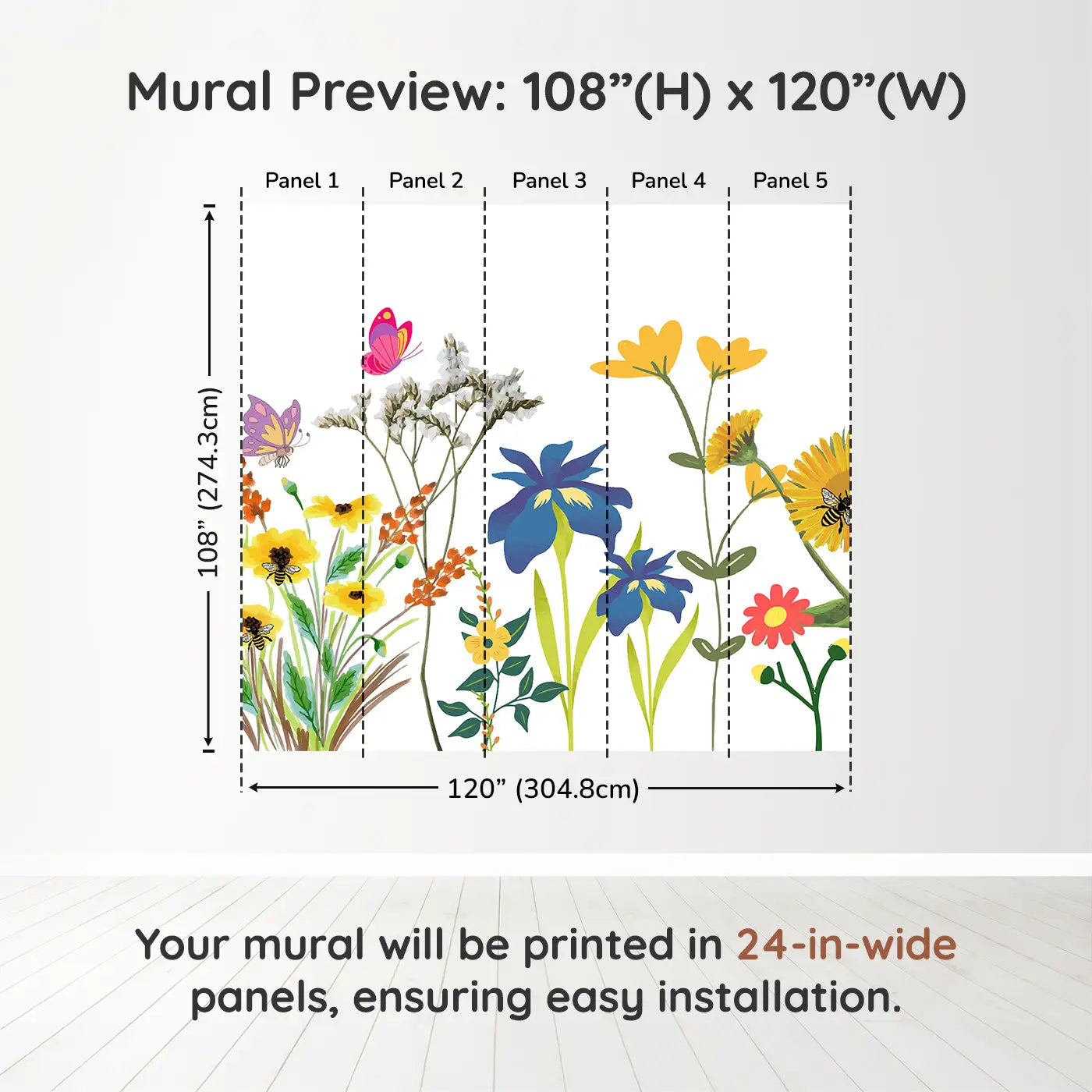 Whimsy Tots Whimsical Butterfly Garden Wall Muraldimension view (108" H x 120" W). Printed in five 24-inch-wide panels. Bright butterflies and playful flowers make joy take flight.