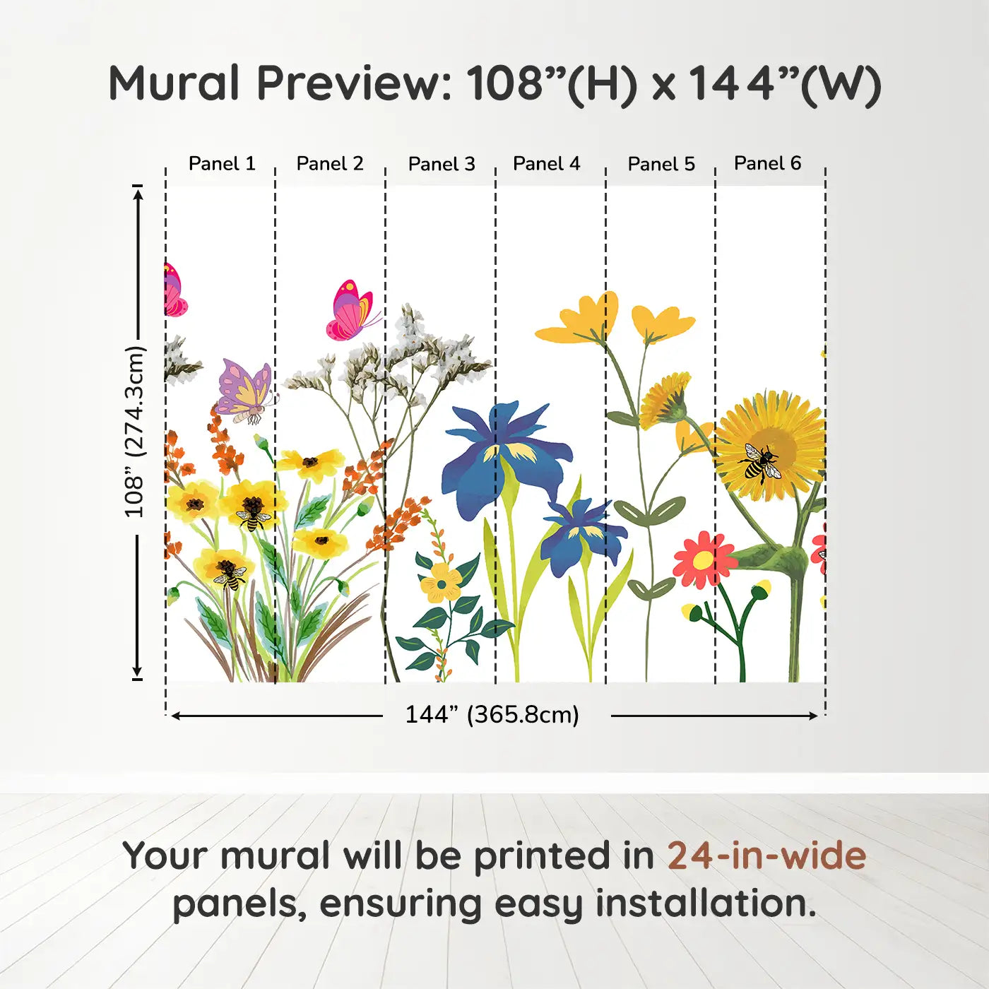 Whimsy Tots Whimsical Butterfly Garden Wall Muraldimension view (108" H x 144" W). Printed in six 24-inch-wide panels. Bright butterflies and playful flowers make joy take flight.