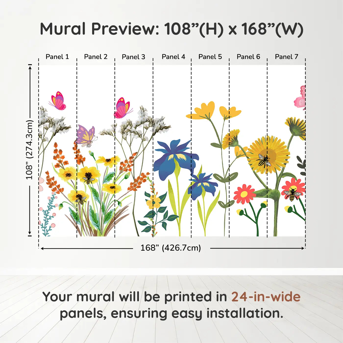 Whimsy Tots Whimsical Butterfly Garden Wall Muraldimension view (108" H x 168" W). Printed in seven 24-inch-wide panels. Bright butterflies and playful flowers make joy take flight.