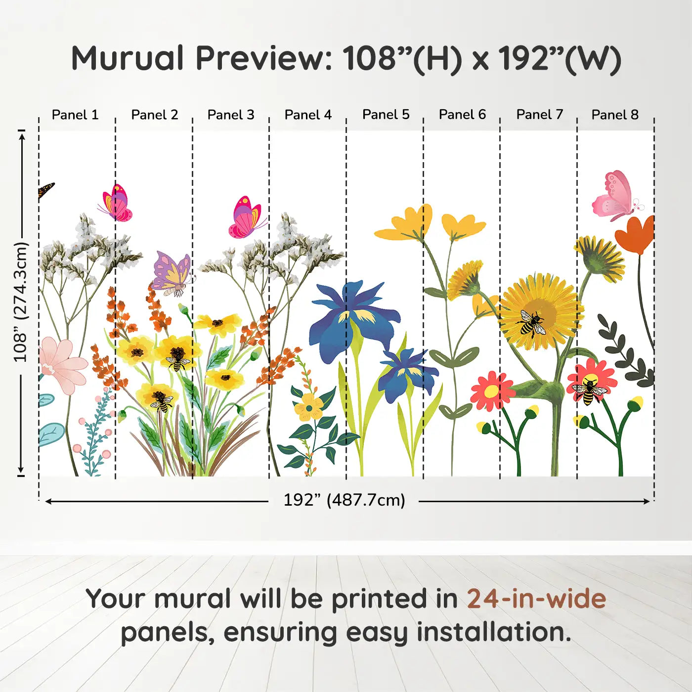 Whimsy Tots Whimsical Butterfly Garden Wall Muraldimension view (108" H x 192" W). Printed in eight 24-inch-wide panels. Bright butterflies and playful flowers make joy take flight.
