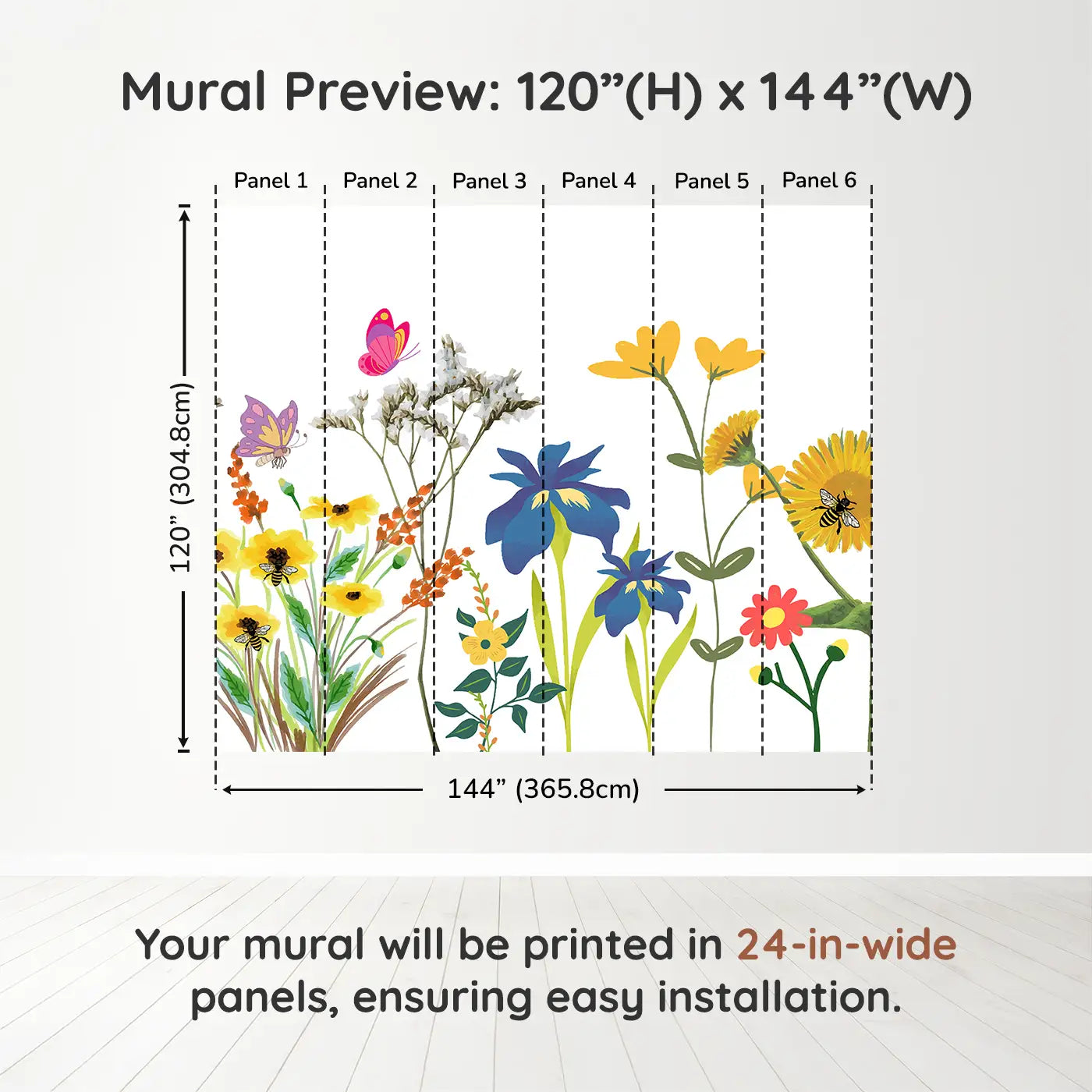 Whimsy Tots Whimsical Butterfly Garden Wall Muraldimension view (120" H x 144" W). Printed in six 24-inch-wide panels. Bright butterflies and playful flowers make joy take flight.