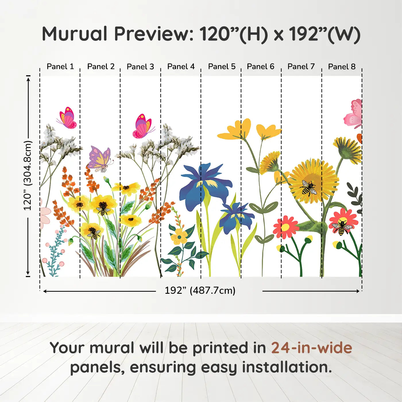 Whimsy Tots Whimsical Butterfly Garden Wall Muraldimension view (120" H x 192" W). Printed in eight 24-inch-wide panels. Bright butterflies and playful flowers make joy take flight.