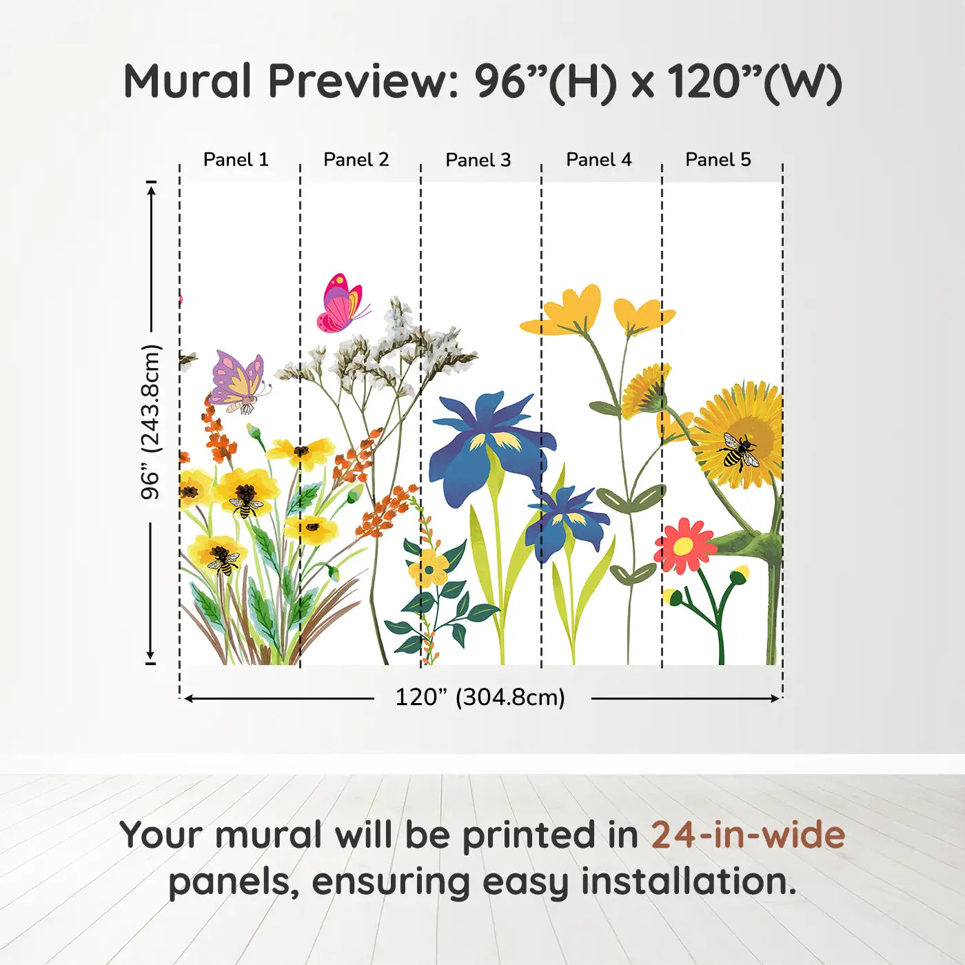 Whimsy Tots Whimsical Butterfly Garden Wall Muraldimension view (96" H x 120" W). Printed in five 24-inch-wide panels. Bright butterflies and playful flowers make joy take flight.