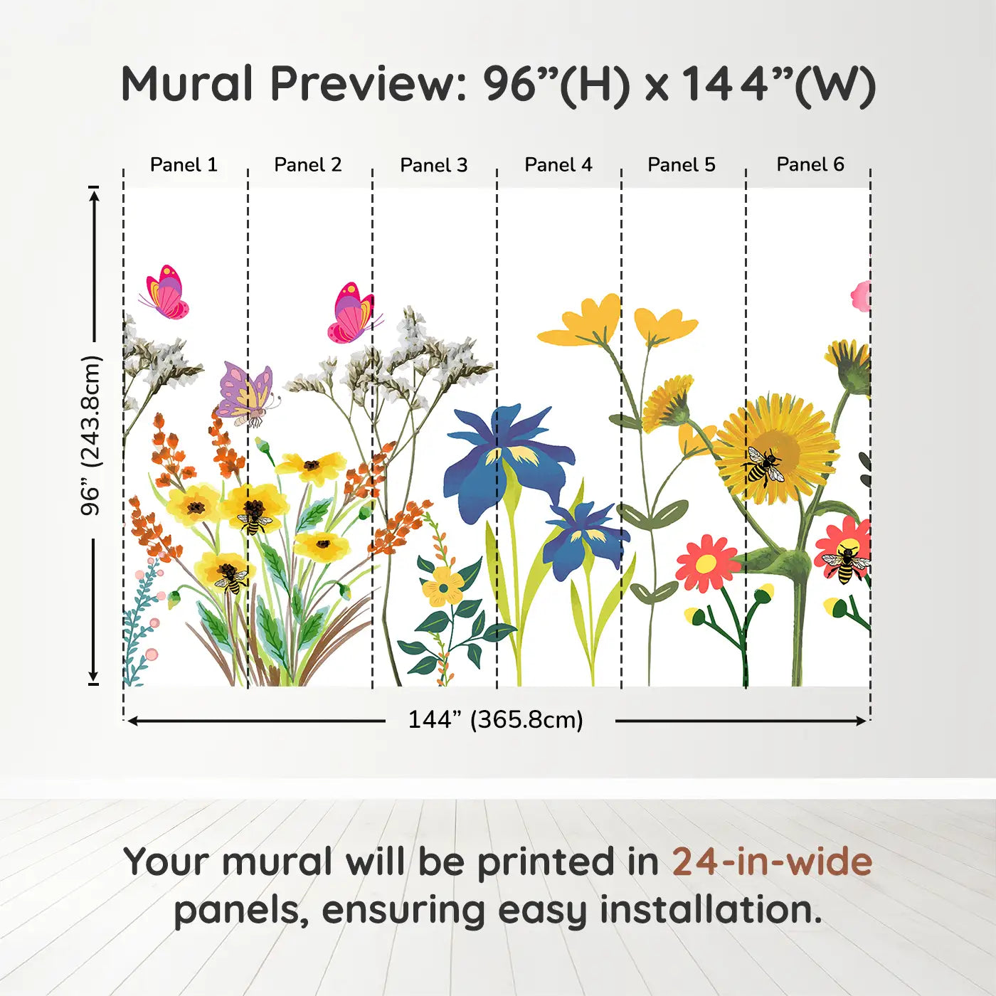 Whimsy Tots Whimsical Butterfly Garden Wall Muraldimension view (96" H x 144" W). Printed in six 24-inch-wide panels. Bright butterflies and playful flowers make joy take flight.