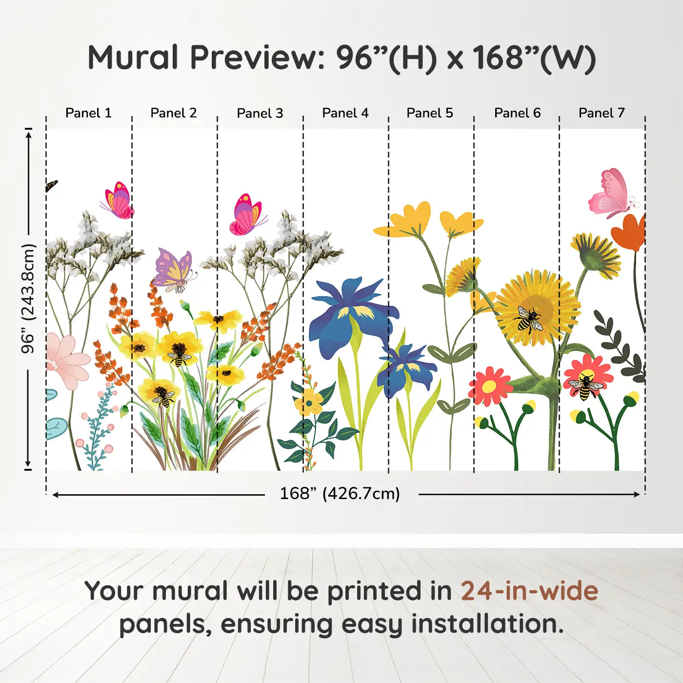 Whimsy Tots Whimsical Butterfly Garden Wall Muraldimension view (96" H x 168" W). Printed in seven 24-inch-wide panels. Bright butterflies and playful flowers make joy take flight.