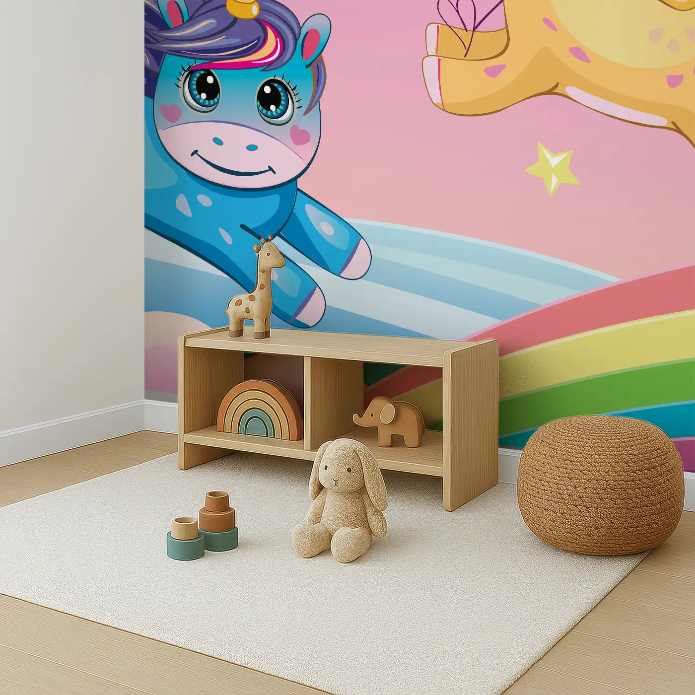 Angled view of Whimsy Tots' Rainbow Unicorn Dreams Wall Mural (M0457).Unicorns leap across rainbows under a sky of stars and clouds.