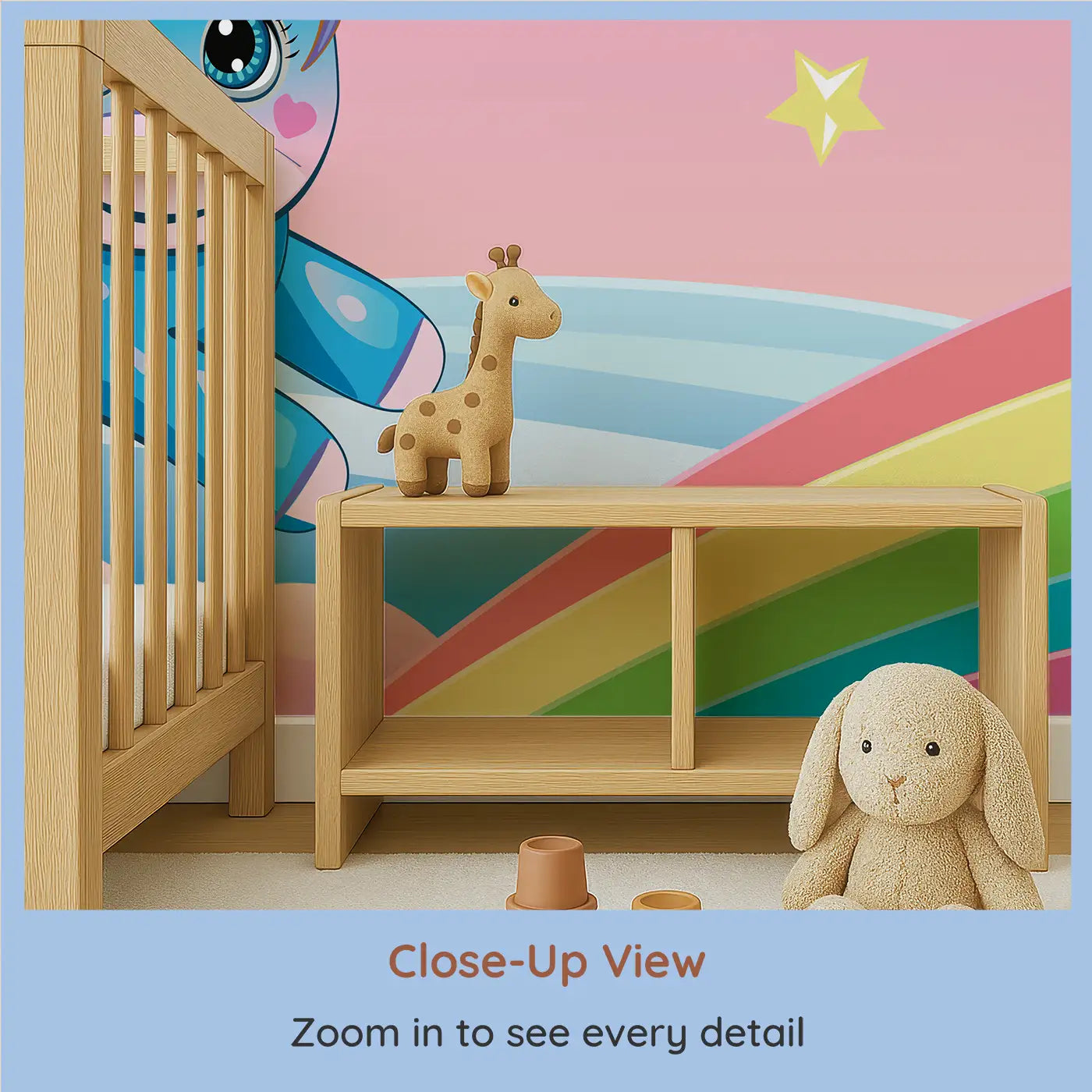 Close-up view of Whimsy Tots' Rainbow Unicorn Dreams Wall Mural (M0457).Unicorns leap across rainbows under a sky of stars and clouds.