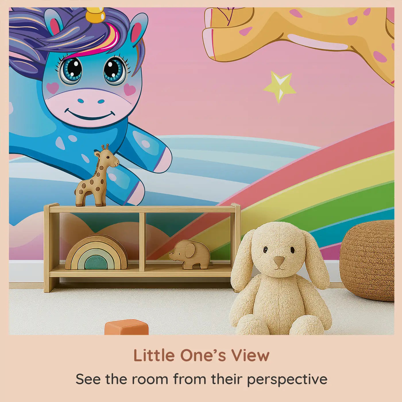 Whimsy Tots Rainbow Unicorn Dreams Wall Mural (M0457) from your child's view.Unicorns leap across rainbows under a sky of stars and clouds.